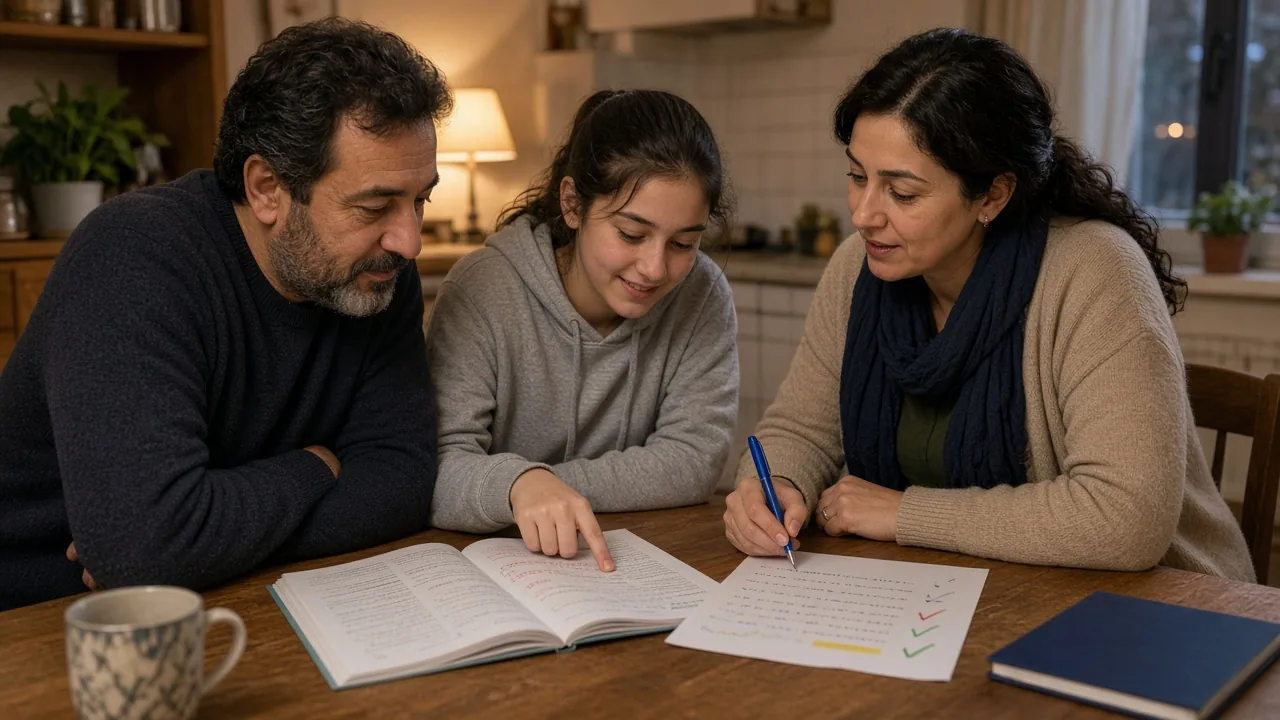 Baba, 8. sınıf öğrencisi kızı ve eğitim koçu mutfak masasında çözülmüş bir LGS denemesini birlikte analiz ediyor