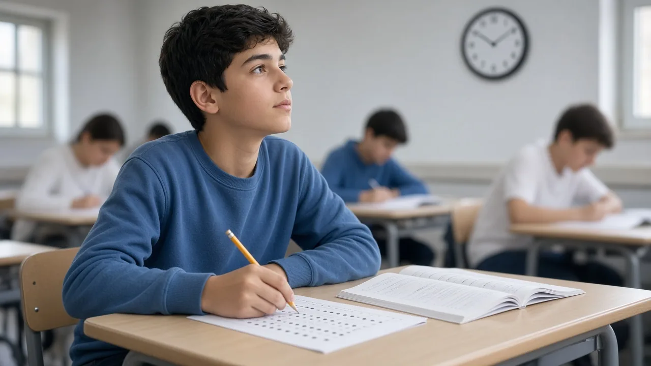Optik form üzerinde soru işaretleyen ve masasındaki saate bakan 8. sınıf öğrencisi