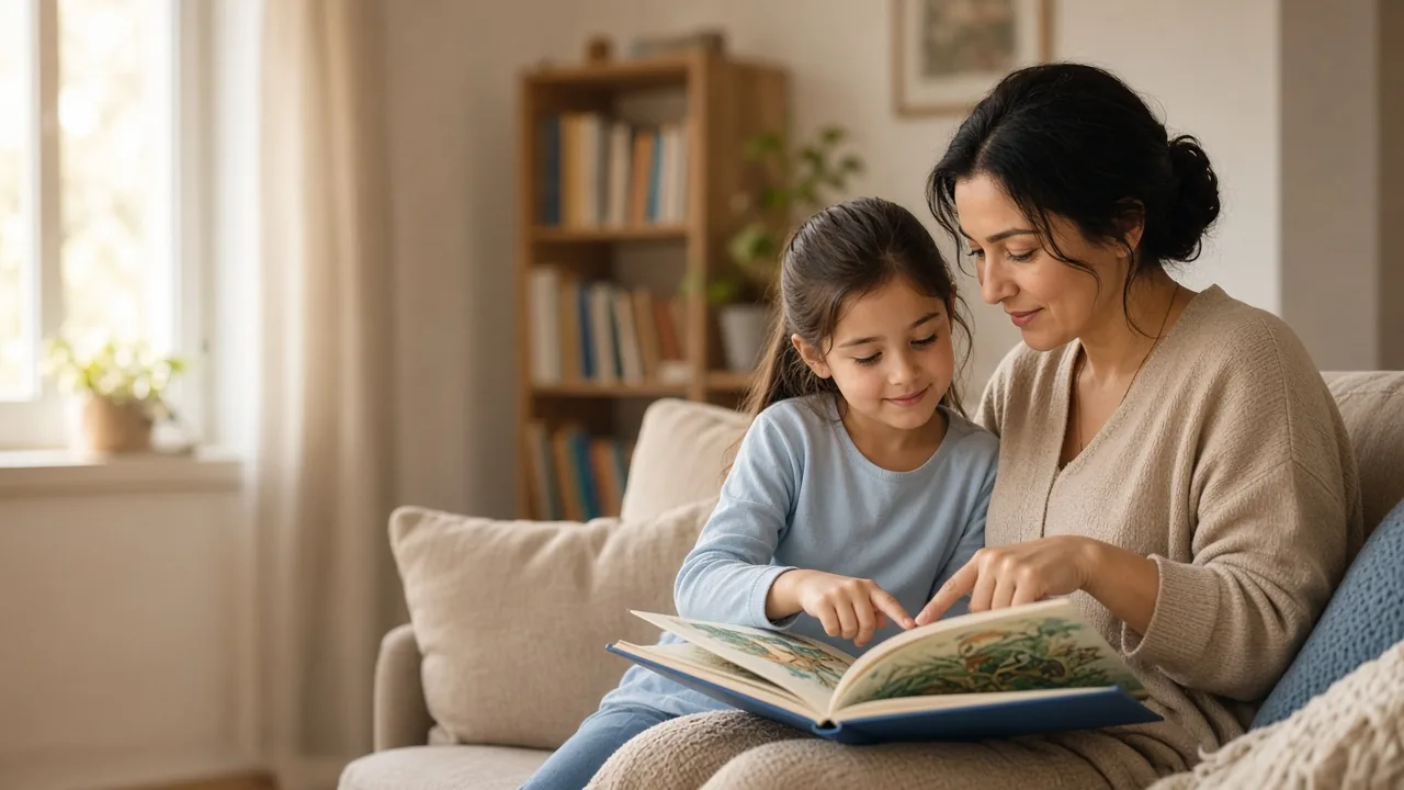 Annesiyle birlikte kitap okurken metindeki bir satırı parmağıyla takip eden ilkokul çağındaki çocuk